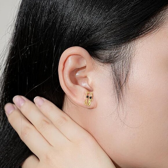 925 Sterling Silver 18K Gold Plated Cat Stud Earrings NWT - Picture 6 of 6